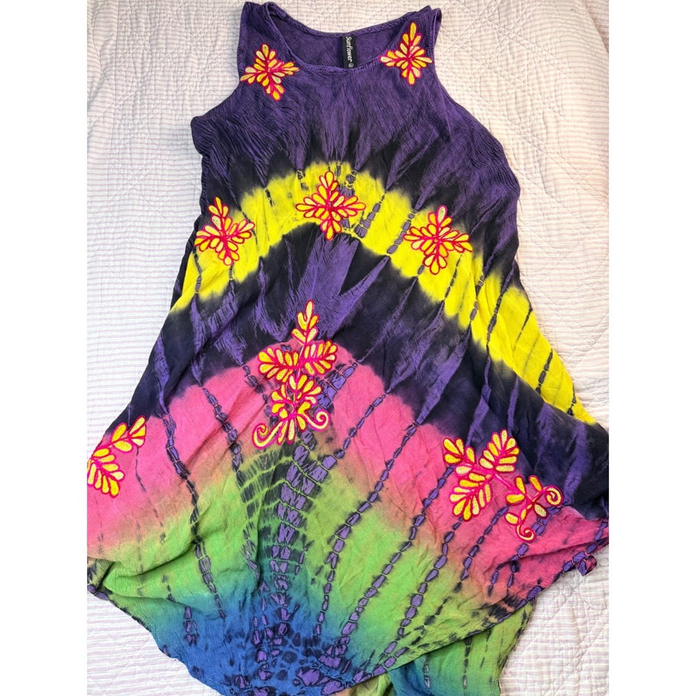 Boho Sunflower Women XL Tie Dye Embroidered Dress Fairycore Hippie Electic‎